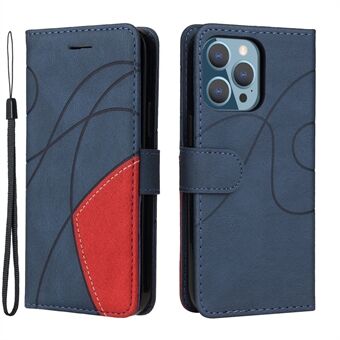 Bi-color Splicing PU Leather Stand Case Shell Wallet Phone Cover with Wrist Strap for iPhone 13 Pro 6.1 inch