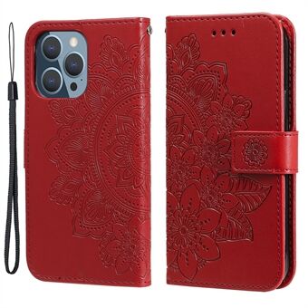 Adjustable Stand Design Flower Imprinting Wallet Leather Phone Protector Case with Strap for iPhone 13 Pro 6.1 inch