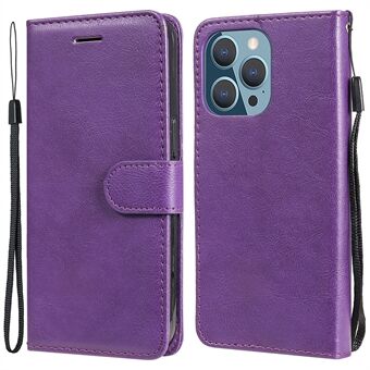 Solid Color PU Leather Phone Case Wallet Stand Shell with Strap for iPhone 13 Pro 6.1 inch