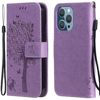 Cat and Tree Pattern Imprinting Cards Slots Protective Leather Wallet Phone Cover Case with Handy Strap for iPhone 13 Pro 6.1 inch