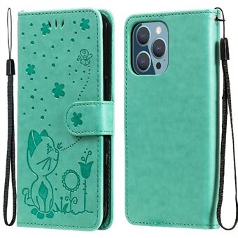 Wallet Design Cat and Bee Imprint PU Leather Phone Stand Case Shell with Lanyard for iPhone 13 Pro 6.1 inch