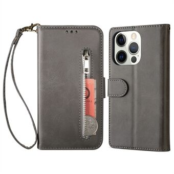 Zipper Pocket PU Leather Flip Case Wallet Stand Cover with Wrist Strap for iPhone 13 Pro 6.1 inch