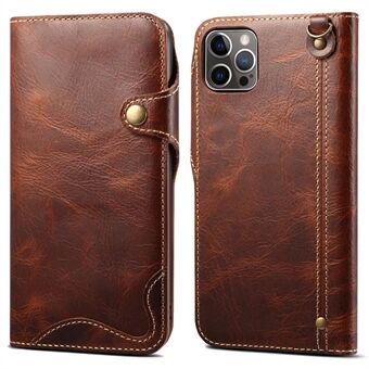 Full Protective Genuine Leather Wallet Phone Shell Cover with Lanyard for iPhone 13 Pro 6.1 inch