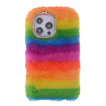 Rainbow Furry Fluffy Phone Case Soft TPU Back Cover with Bling Rhinestone for iPhone 13 Pro 6.1 inch