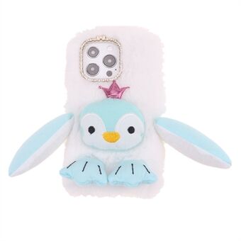 Cute Plush Cartoon Penguin Funny TPU Shell Warm Furry Shockproof Protective Cover with Bling Crystal Rhinestone Bow Knot for iPhone 13 Pro 6.1 inch