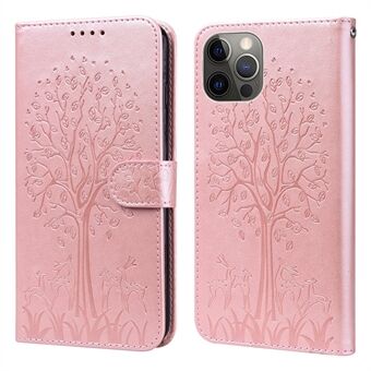 Tree and Deer Imprinted Leather Wallet Stand Phone Cover Case for iPhone 13 Pro 6.1 inch