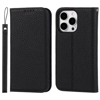 Genuine Leather Litchi Texture Phone Cover Wallet Stand Phone Case with Strap for iPhone 13 Pro 6.1 inch