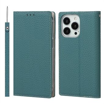 Litchi Texture Genuine Leather Cover Wallet Stand Flip Phone Case with Strap for iPhone 13 Pro 6.1 inch