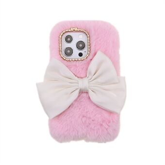 Cute 3D Bowknot Fuzzy Furry Warm Plush Fluffy Fur Soft TPU Back Case with Bling Rhinestone for iPhone 13 Pro 6.1 inch