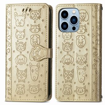 Cat Dog Pattern Imprint Scratch-Resistant Anti-Drop Dual-Sided Magnetic Clasp PU Leather Wallet Phone Cover with Stand for iPhone 13 Pro 6.1 inch