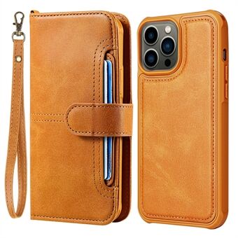 Detachable 2-in-1 Anti-Drop Button Closure Wrist Strap Multiple Card Slots Design Wallet Stand PU Leather Phone Case for iPhone 13 Pro 6.1 inch