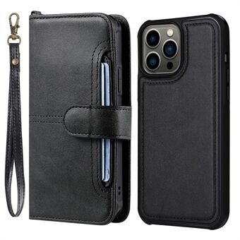 Detachable 2-in-1 Anti-Drop Button Closure Wrist Strap Multiple Card Slots Design Wallet Stand PU Leather Phone Case for iPhone 13 Pro 6.1 inch