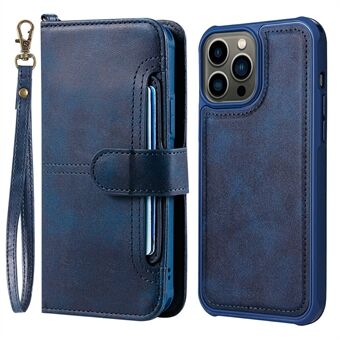 Detachable 2-in-1 Anti-Drop Button Closure Wrist Strap Multiple Card Slots Design Wallet Stand PU Leather Phone Case for iPhone 13 Pro 6.1 inch