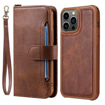 Detachable 2-in-1 Anti-Drop Button Closure Wrist Strap Multiple Card Slots Design Wallet Stand PU Leather Phone Case for iPhone 13 Pro 6.1 inch