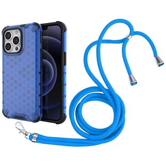 Quality Phone Cover Hard PC+TPU Honeycomb Design Shock-Absorbed Phone Case with Hanging String for iPhone 13 Pro 6.1 inch