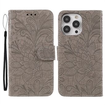 Imprinted Lace Flowers Pattern PU Leather TPU Inner Wallet Stand Flip Cover with Strap for iPhone 13 Pro 6.1 inch