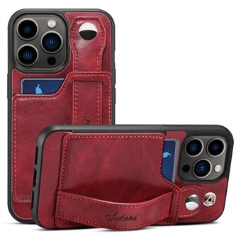 SUTENI Card Slot Design Anti-scratch PU Leather + TPU Hybrid Case Phone Shell with Adjustable Hand Strap Kickstand for iPhone 13 Pro 6.1 inch