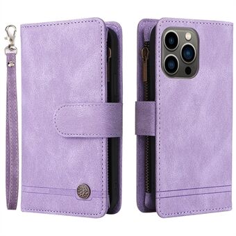 Skin-touch Stripes Imprinted Wallet Stand Leather Cover Overall Protection Card Slots Phone Case with Zipper Pocket for iPhone 13 Pro 6.1 inch