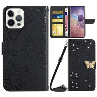 For iPhone 13 Pro 6.1 inch Anti-drop Phone Cover, Butterfly Flowers Imprinted Rhinestone Decor Wallet Case Stand with Shoulder Strap