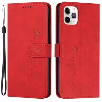 For iPhone 13 Pro 6.1 inch Heart Shape Imprinted Skin-touch Feeling Case PU Leather Wallet Viewing Stand Phone Shell with Strap