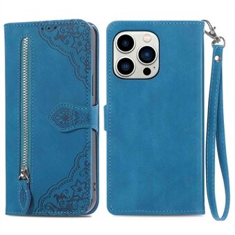 For iPhone 13 Pro 6.1 inch Anti-drop Imprinted Leather Folio Flip Phone Case with Zipper Pocket Anti-scratch Phone Wallet Cover with Stand