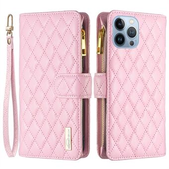 BINFEN COLOR for iPhone 13 Pro 6.1 inch BF Style-15 Cellphone Shell, Imprinted Rhombus Pattern Anti-drop Case with Zipper Pocket Stand Matte PU Leather Wallet Cover