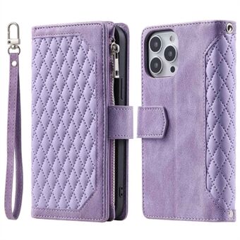 For iPhone 13 Pro 6.1 inch 005 Wallet Design Folio Flip Magnetic Phone Cover Rhombus Grid Texture PU Leather Zipper Pocket Stand Case