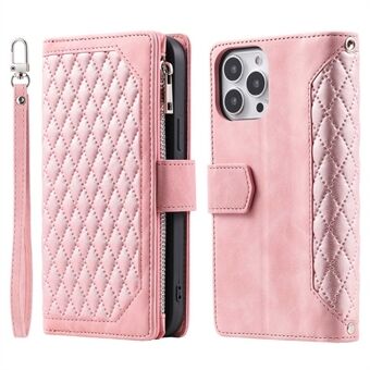 For iPhone 13 Pro 6.1 inch 005 Wallet Design Folio Flip Magnetic Phone Cover Rhombus Grid Texture PU Leather Zipper Pocket Stand Case