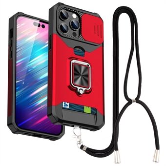 For iPhone 13 Pro 6.1 inch Hard PC + TPU Kickstand Phone Case Slide Camera Cover Card Holder Phone Shell with Strap