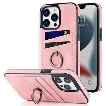 For iPhone 13 Pro 6.1 inch Card Holder Retro PU Leather Coated TPU Cover Ring Holder Kickstand Phone Case