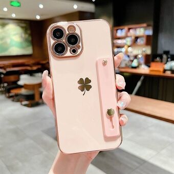 Well-protected Phone Case for iPhone 13 Pro 6.1 inch, Four-Leaf Clover Decor Electroplating TPU Phone Back Cover with Kickstand