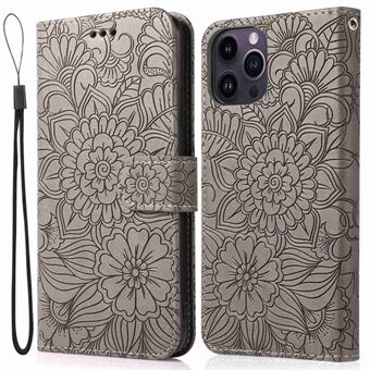 Imprinted Flower Pattern Phone Case for iPhone 13 Pro, Foldable Stand PU Leather Flip Wallet Cover Protective Phone Shell with Strap