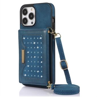 For iPhone 13 Pro 6.1 inch PU Leather Coated TPU Case Rhinestone Decor Wallet Kickstand RFID Blocking Shockproof Phone Cover with Shoulder Strap