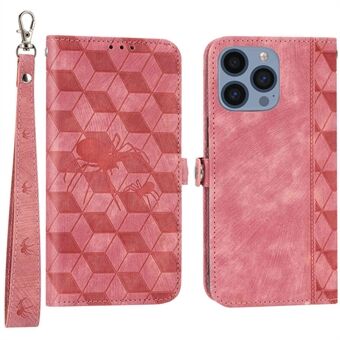 For iPhone 13 Pro 6.1 inch PU Leather Protective Phone Case Imprinted Spider Rhombus Pattern Stand Flip Wallet Cover with Strap