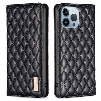 BINFEN COLOR BF Style-16 For iPhone 13 Pro 6.1 inch Anti-fall Magnetic Closure Phone Cover Rhombus Imprinted PU Leather Phone Case Card Holder Stand