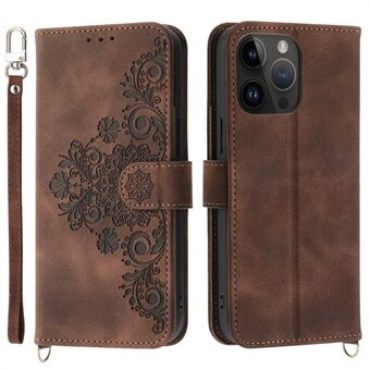 For iPhone 13 Pro 6.1 inch Phone Pouch Bag Skin-touch Imprinted Flowers Leather Phone Wallet Case Phone Stand Cover with Wrist Strap and Shoulder Strap