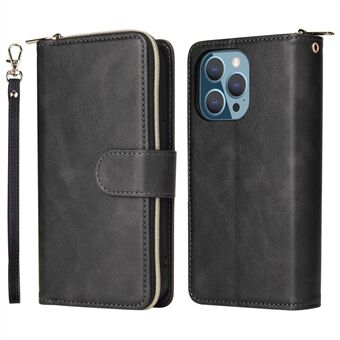 Drop-proof Phone Case For iPhone 13 Pro 6.1 inch, Flip Stand Wallet PU Leather Magnetic Zipper Pocket Smartphone Cover 9 Card Slots with Strap