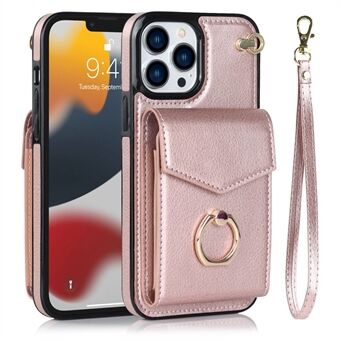 For iPhone 13 Pro Accordion Style Card Bag RFID Blocking Shockproof Cover PU Leather+TPU Ring Kickstand Phone Back Case with Strap