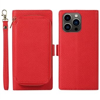 Protective Cover for iPhone 13 Pro 6.1 inch Litchi Texture 2-in-1 Magnetic Phone Case Wallet Zipper Card Bag PU Leather Stand Case with Strap