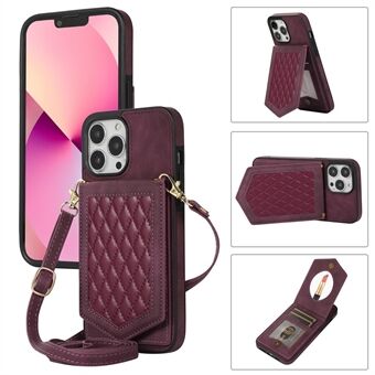 For iPhone 13 Pro 6.1 inch Makeup Mirror Phone Case RFID Blocking Card Holder Imprinted Phone Cover Kickstand with Shoulder Strap