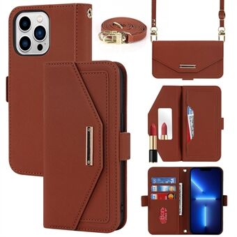 For iPhone 13 Pro 6.1 inch Shockproof Magnetic Closure Cross Texture PU Leather Flip Case Stand Wallet Cover with Inside Makeup Mirror and Shoulder Strap