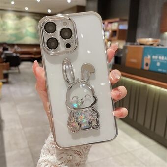 For iPhone 13 Pro 6.1 inch Quicksand Cute Rabbit TPU Cover Electroplating Transparent Phone Case with Tempered Glass Lens Film