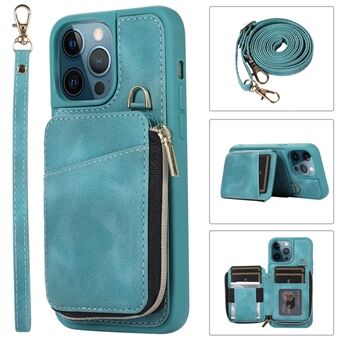 For iPhone 13 Pro 6.1 inch Card Bag Design Kickstand Cover PU Leather Coated TPU Phone Case with Hand and Shoulder Strap