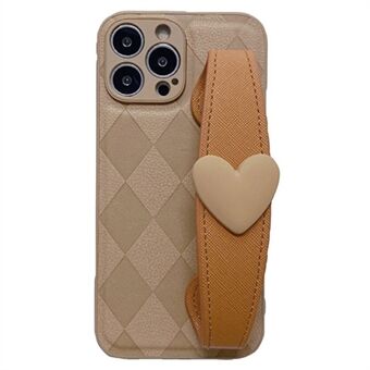 Back Shell for iPhone 13 Pro 6.1 inch, Scratch Proof Rhombus Imprinted PU Leather Coated PC+TPU Phone Cover with Love Heart Wristband