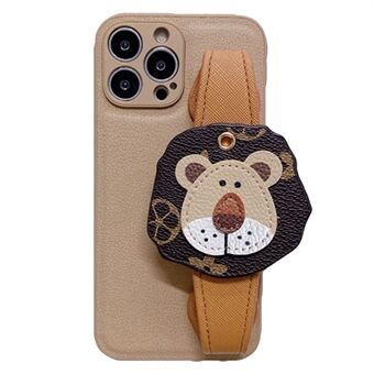 For iPhone 13 Pro 6.1 inch Fall Proof Back Cover PU Leather Coated TPU Shell with Cartoon Lion Wristband