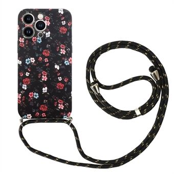 For iPhone 13 Pro 6.1 inch IMD Flower Pattern Printed Phone Cover Flexible TPU Protective Case with Lanyard