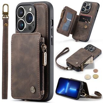 CASEME C20 Series for iPhone 13 Pro 6.1 inch RFID Blocking Zipper Pocket Wallet Case PU Leather Coated TPU Kickstand Protective Phone Cover with Strap