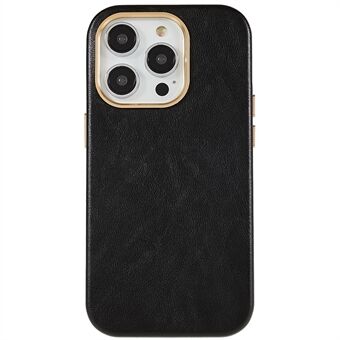 For iPhone 13 Pro 6.1 inch Metal Button Design Phone Cover PU Leather+PC Business Phone Case with Metal Lens Ring Frame