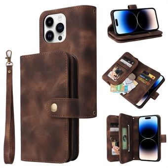 Phone Leather Case for iPhone 13 Pro Multifunctional Zipper Pocket Stand Wallet Phone Cover with Straps