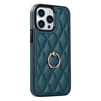 For iPhone 13 Pro 6.1 inch Stitching Rhombus Ring Holder PU Leather+TPU Phone Case Kickstand Phone Cover